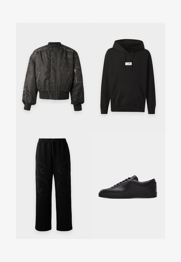 Chaqueta bomber negra con un acabado liso y texturizado, puños y dobladillo acanalados, bolsillo con cremallera en la manga y un diseño minimalista.; Sudadera negra de algodón, con un bolsillo tipo canguro en la parte frontal, capucha con cordón y una pequeña etiqueta blanca en el pecho.; Pantalones de chándal negros con corte relajado, que presentan patrones de costura en espiral intrincados a lo largo de los laterales y una cintura elástica con cordón ajustable.; Zapatilla baja negra de cuero con cordones en la parte delantera y suela plana de goma, mostrada de perfil sobre un fondo blanco liso.