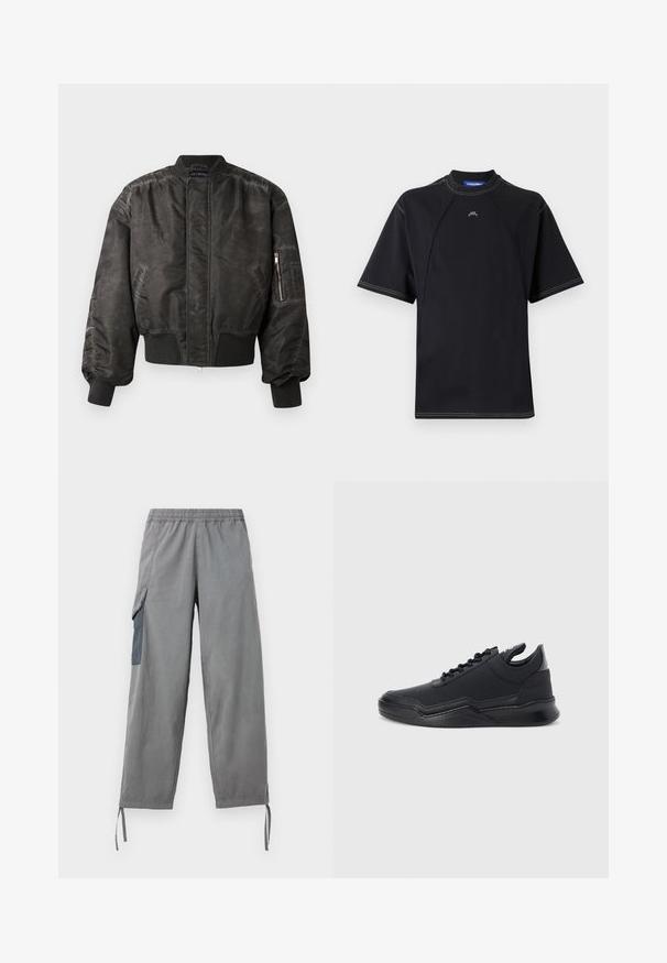Veste bomber noire avec une finition lisse et texturée, des poignets et un ourlet côtelés, une poche zippée sur la manche et un design minimaliste.; T-shirt noir à manches courtes avec un col rond, présentant des coutures contrastées et un petit logo sur la poitrine. Tissu lisse et extensible.; Pantalons cargo légers gris avec taille élastique, poches latérales, bas ajustables et texture lisse.; Baskets noires avec une tige en mesh texturé, des accents en cuir lisse, une semelle en caoutchouc incurvée et des lacets ton sur ton. Comprend une languette de tirage au talon.