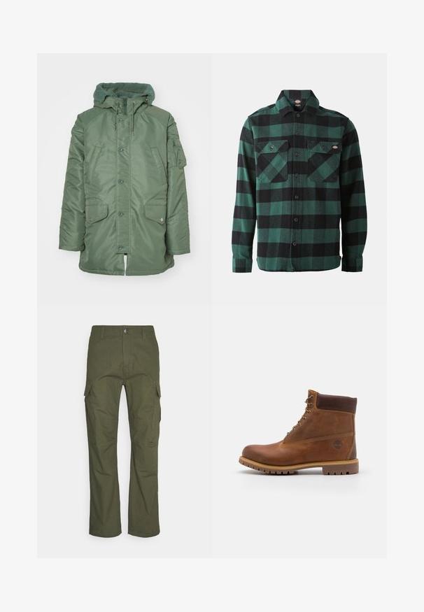 Groene gevoerde jas met een textuur fleece capuchon, voorzijde met drukknoopsluiting en twee grote zijzakken. Bevat een ritszak op de linker mouw.; Groene en zwarte geruite flanellen overhemd met lange mouwen, knoopsluiting aan de voorkant, twee borstzakken en een klassieke kraag. Zachte textuur, veelzijdig ontwerp.; Cargo-broek in donkergroen olijf, met meerdere zijzakken, een rechte pasvorm en een duurzame stof met een gestructureerde afwerking.; Bruine leren wandelschoen met een gladde afwerking, gevoerde enkel, metalen oogjes en een rubberen zool met een robuust profiel.
