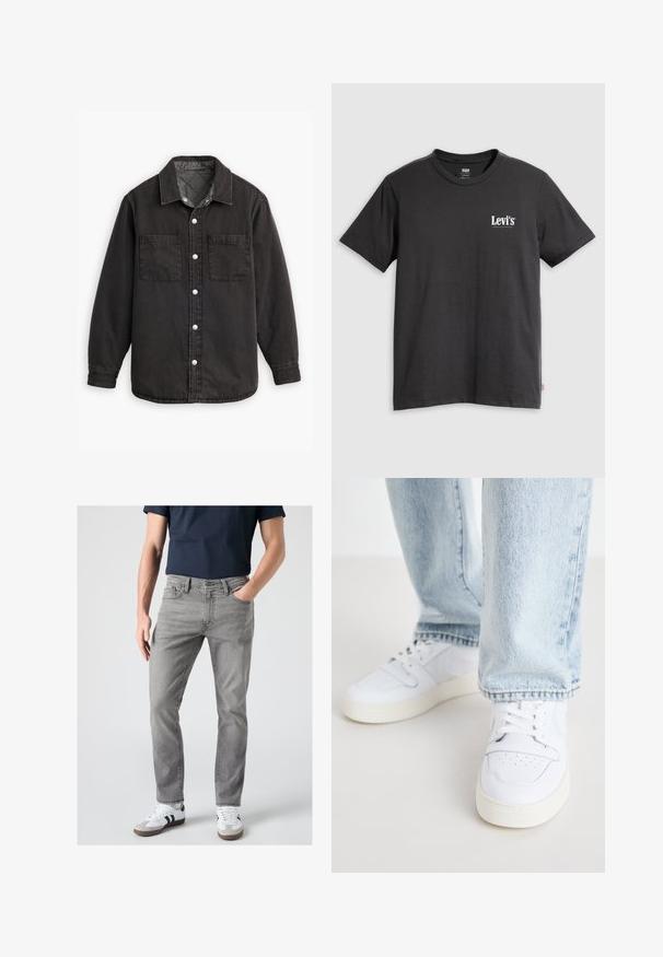 Zwarte denim shirt met een geblokte binnenvoering, twee borstzakken en zilveren knoopsluitingen. Beschikt over een klassieke kraag en lange mouwen.; Zwart katoenen T-shirt met korte mouwen, ronde hals en wit "Levi's" logo gedrukt op de linkerborst. Zachte textuur, losse pasvorm.; Man draagt grijze slim-fit jeans, witte sneakers met zwarte strepen en een donkerblauw shirt met korte mouwen, staand met één hand in de zak.; Witte leren lage sneakers met geperforeerde neus, platte veters en een minimalistisch ontwerp. Gecombineerd met lichtblauwe denim jeans.