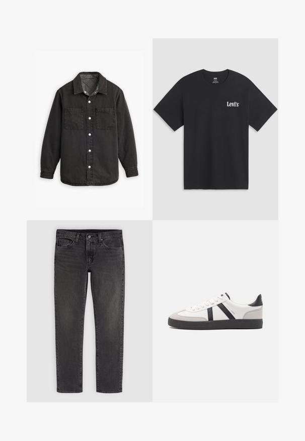 Zwarte denim shirt met een geblokte binnenvoering, twee borstzakken en zilveren knoopsluitingen. Beschikt over een klassieke kraag en lange mouwen.; Zwart T-shirt met korte mouwen en ronde hals, met een klein wit Levi's-logo op de linkerborst, plat gelegd op een lichtgrijze achtergrond.; Zwarte denim jeans met rechte pijpen, knoop- en ritssluiting, voor- en achterzakken en riemlussen.; Witte sneaker met zwarte en grijze accenten, voorzien van een grijze neus met textuur, zwarte rubberen zool en platte witte veters. Schoon ontwerp, minimalistische stijl.