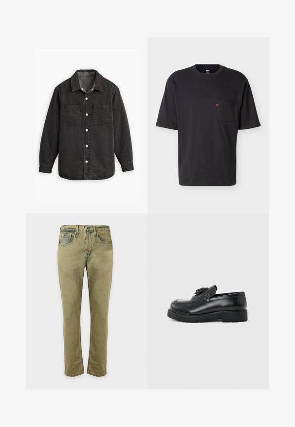 Zwarte denim shirt met een geblokte binnenvoering, twee borstzakken en zilveren knoopsluitingen. Beschikt over een klassieke kraag en lange mouwen.; Zwart T-shirt met korte mouwen en ronde hals, voorzien van een borstzakje met een klein rood Levi's logo tabje op het zakje, tegen een effen lichte achtergrond.; Olijfgroene rechte denim jeans met knoop- en ritssluiting, voorzakken en riemlussen.; Zwarte leren loafer met kwastjes, dikke rubberen zool en lage hak, zijaanzicht op een effen achtergrond.