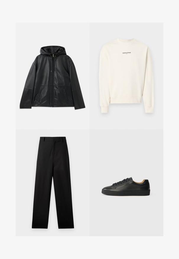 Zwarte leren ritjack met capuchon en twee voorzakken, plat weergegeven op een witte achtergrond.; Off-white lange mouwen trui met ronde hals en de tekst "MAISON KITSUNÉ PARIS" in zwarte letters op de borst gedrukt.; Zwarte broek van katoen met een rechte pijpdesign, voorzien van een sluiting met een knoop aan de voorkant en zijzakken. Gladde textuur, geen patronen.; Zwarte lage leren sneaker met gestructureerd oppervlak, zwarte veters en dikke rubberen zool, zijaanzicht op een lichte achtergrond.