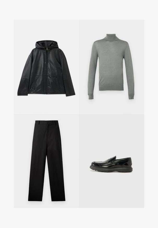 Sort læderjakke med lynlås og hætte samt to forlommer, præsenteret fladt mod en hvid baggrund.; Lys grå turtleneck sweater, lavet af et glat strikket stof. Har lange ærmer og et tætsiddende design med ribbet hals og kant.; Sorte bukser lavet af bomuld med lige ben-design, der har en frontknaplukning og sidelommer. Glat tekstur, ingen mønstre.; Sort læderloafer med en blank finish, rund tå, subtile syninger og en tyk gummisål for holdbarhed.