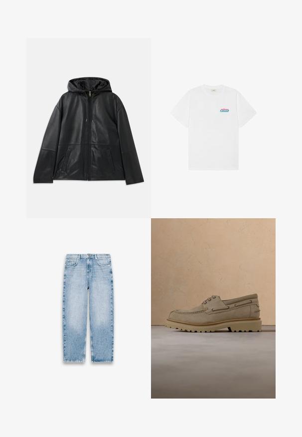 Sort læderjakke med lynlås og hætte samt to forlommer, præsenteret fladt mod en hvid baggrund.; Hvid T-shirt med korte ærmer og rund hals med lille lyserødt og blåt "prins" logo på øverste venstre bryst.; Lyseblå denimjeans med lige ben, fem lommer, bæltestropper og lukning med knap og lynlås foran på hvid baggrund.; Beige ruskind casual snørestøvle med tyk, rillet sål, vist i luften over matchende beige struktureret overflade og baggrund.