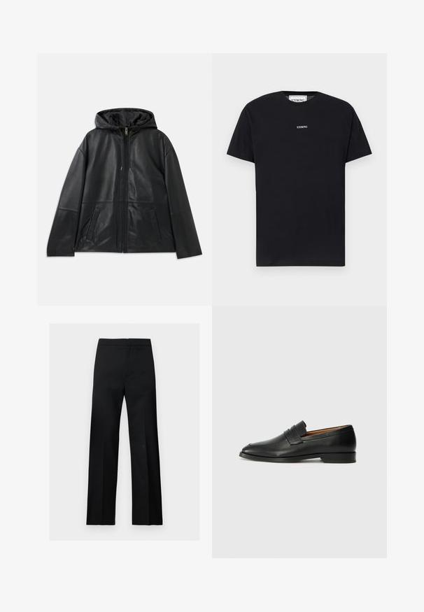 Sort læderjakke med lynlås og hætte samt to forlommer, præsenteret fladt mod en hvid baggrund.; Sort kortærmet t-shirt med rund hals og lille hvidt "ICEBERG" logo centreret på brystet mod en ensfarvet baggrund.; Sorte, lige formelle bukser med høj talje og et rent, minimalistisk design, vist på en ensartet lys baggrund.; Sort læder loafer med rund tå, diskret syning, og lav hæl, der har en glat tekstur og minimalistisk design.