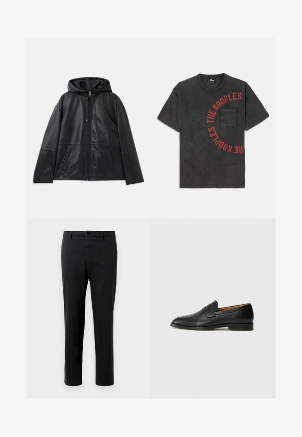 Sort læderjakke med lynlås og hætte samt to forlommer, præsenteret fladt mod en hvid baggrund.; Sort bomulds T-shirt med en rund grafisk tekst i rød, der står "THE KOOPLES", med en frontlomme og en afslappet pasform.; Sorte bukser lavet af stof med en glat tekstur, med klassisk pasform, knaplukning og sidelommer. Ingen mønstre eller detaljer.; Sort læder loafer med rund tå, diskret syning, og lav hæl, der har en glat tekstur og minimalistisk design.