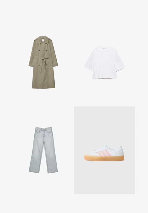 Trench-coat beige à double boutonnage avec ceinture nouée à la taille, épaulettes et deux poches avant.; T-shirt blanc à manches courtes, coupe carrée, en coton doux. Présente un col rond et des manches larges, avec un design épuré et simple.; Jeans large gris clair avec une coupe ample, présentant des ourlets effilochés et un léger effet vieilli à l'avant. Fabriqués en tissu denim.; Baskets blanches avec bandes roses, semelle en caoutchouc et bout en daim. Dotées d'une fermeture à lacets et de matériaux texturés sur la tige.