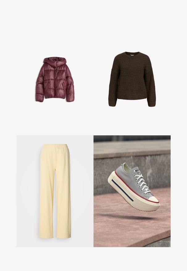 Bordeaux, puffy, hættejakke med en glansfuld finish. Har to sidelommer og en knaplukning foran. Vatteret design overalt.; Brun, strikket sweatshirt med lange ærmer, rund hals og en afslappet pasform. Har en blød tekstur samt ribbede manchetter og kant.; Lysgule, vide bukser lavet af blødt stof, med elastisk talje og ingen synlige mønstre eller hardware-detaljer.; Grå lavtop sneaker med hvide snørebånd, tyk cremefarvet sål, røde og blå striber, svævende over en stenoverflade udendørs.