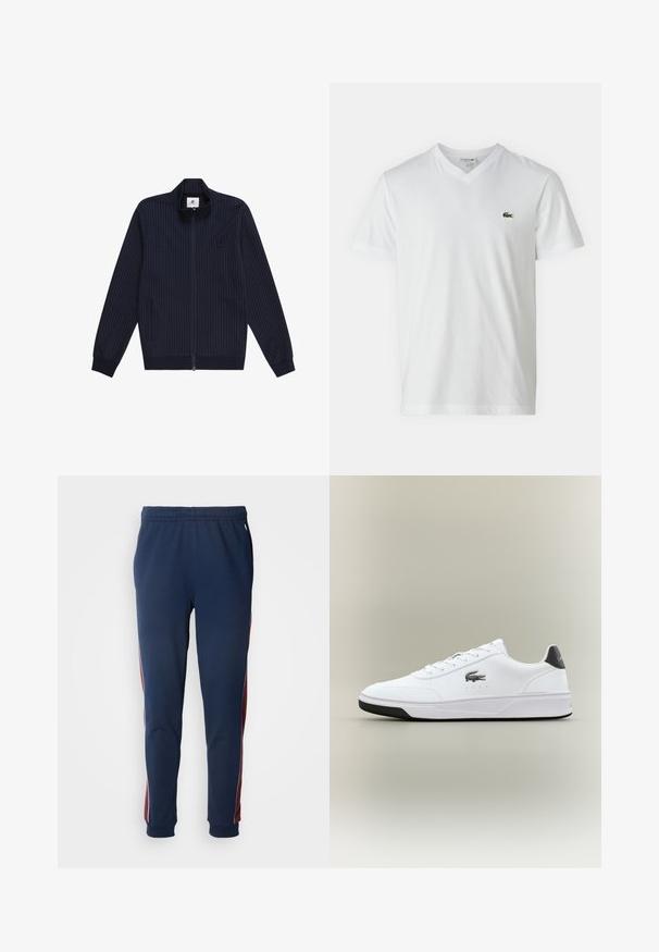 Marineblauwe jacket met verticale witte strepen, ritssluiting, staande kraag, zijzakken en ribgebreide manchetten en zoom. Minimalistisch logo op de borst.; Witte katoenen t-shirt met een V-hals, korte mouwen en een klein groen krokodillenlogo op de linkerkant van de borst. Eenvoudig en lichtgewicht ontwerp.; Marine joggers met een elastische tailleband, uitgerust met rode zijstrepen en witte accenten. Glad fabric met taps toelopende boorden bij de enkels.; Witte synthetische sneakers met een gladde textuur, een ronde neus, zwarte accenten op de hak en een Lacoste-logo aan de zijkant.