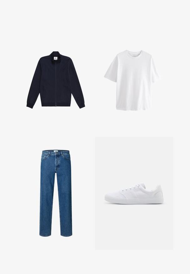 Marineblauwe jacket met verticale witte strepen, ritssluiting, staande kraag, zijzakken en ribgebreide manchetten en zoom. Minimalistisch logo op de borst.; Effen witte T-shirt met korte mouwen en ronde hals met een ontspannen pasvorm op een witte achtergrond.; Blauwe straight-leg denim jeans met knoop- en ritssluiting, ceintuurlussen en een vijfzakkenontwerp.; Witte canvas sneakers met een rubberen zool, voorzien van zes oogjes, een gestructureerde neuskap en een minimalistisch ontwerp.