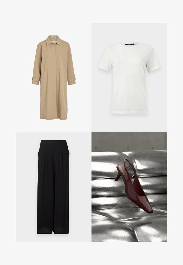 Manteau long beige avec un bouton unique au col, fermeture avant dissimulée, poches latérales et sangles à boutons aux poignets.; T-shirt blanc uni à manches courtes avec encolure ronde, ourlet droit, présenté à plat sur un fond clair.; Pantalon large noir à taille haute avec poches latérales, réalisé en tissu texturé léger.; Chaussure slingback en cuir verni rouge avec un bout pointu et un petit talon, ornée d'un accent doré près de la bride de cheville.