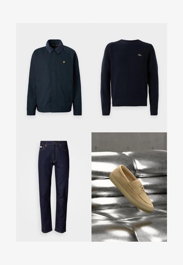 Marineblaue Jacke mit einem weichen, strukturierten Kragen, ausgestattet mit zwei Seitentaschen und einem kleinen goldenen Vogel-Logo auf der Brust.; Dunkelblauer Strickpullover mit gerippter Struktur, Rundhalsausschnitt und langen Ärmeln. Verfügt über ein kleines grünes Logo auf der oberen linken Rückseite.; Dunkelblaue Jeans aus Denim mit geradem Bein, Knopfverschluss vorne, Fünf-Taschen-Design, kontrastierenden Ziernähten und einer glatten Textur.; Beiger Wildleder-Bootsschuh mit Schnürdetails, der über einer glänzenden, metallisch silbernen, gesteppten Lederoberfläche schwebt.
