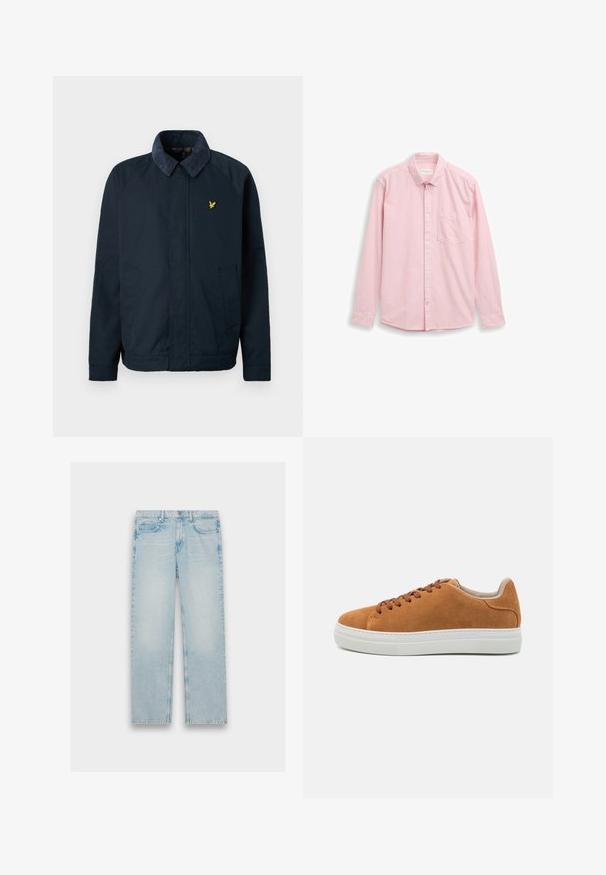 Marineblaue Jacke mit einem weichen, strukturierten Kragen, ausgestattet mit zwei Seitentaschen und einem kleinen goldenen Vogel-Logo auf der Brust.; Rot-weiß gestreiftes Langarmhemd mit Button-Down-Kragen, einer einzelnen Brusttasche und weißen Knöpfen. Der Stoff ist glatt mit einer dezenten Textur.; Hellblaue Jeans aus Denim mit geradem Bein, fünf Taschen und einem verwaschenen Finish. Metallbeschläge und gestickte Details sind sichtbar.; Helle Wildleder-Sneaker mit braunen Schnürsenkeln, einer weißen Gummisohle, runder Zehenform und minimalistischem Design, das einen strukturierten Fersenakzent aufweist.