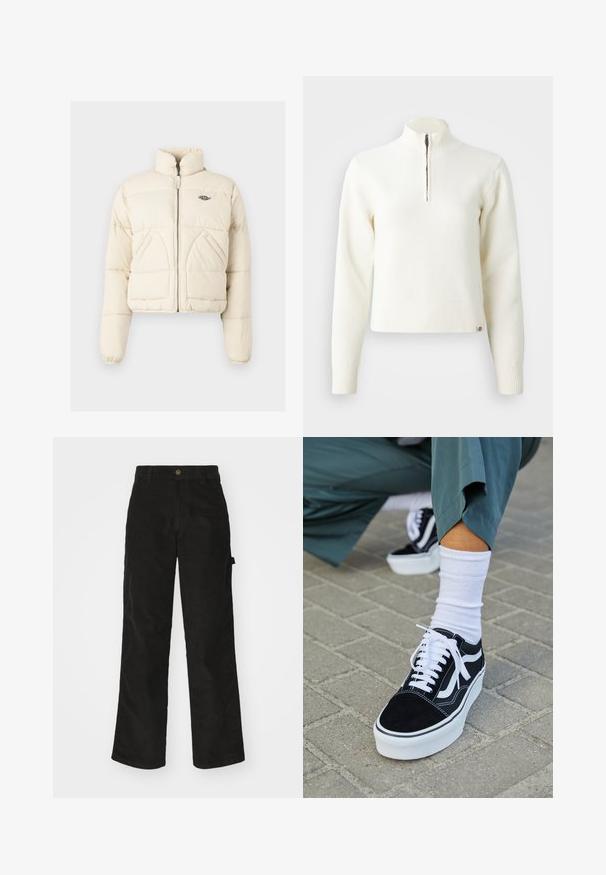 Kappet pufferjakke i cremefarve med høj krave, frontlynlås og to sidelommer med et broderet logo på brystet.; Hvid, sweater med lynlås ved halsen og lange ærmer. Lavet af et blødt strikmateriale, med ribbede manchetter og kant. Diskret mærke-logo ved kanten.; Sorte kordfløjsbukser med et lige ben-design, der har en knaplukning og sidelommer. Glat tekstur med fine lodrette striber.; Sorte ruskinds sneakers med hvide accenter og snørebånd, der har en tyk hvid sål og kontrasterende syninger, parret med en hvid sok.