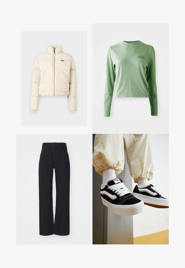Veste doudoune raccourcie en crème, avec un col montant, une fermeture éclair à l'avant et deux poches latérales, ornée d'un logo brodé sur la poitrine.; T-shirt à manches longues vert clair en coton doux, avec un col rond et un petit logo imprimé sur le côté supérieur gauche.; Jeans noirs taille haute à jambes larges avec fermeture à bouton et zip à l'avant, passants de ceinture et deux poches avant sur fond blanc.; Personne portant des baskets Vans noires et blanches avec des lacets blancs, des chaussettes blanches et un pantalon beige avec des poignets élastiques.