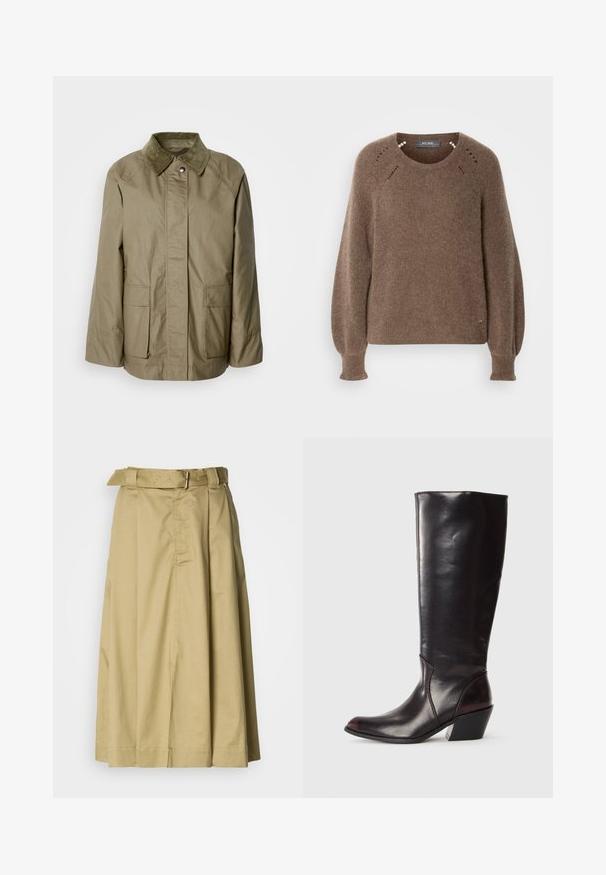 Veste vert olive en tissu léger, avec un col en velours côtelé, deux poches frontales et une coupe droite.; Pull en maille marron avec un col rond, des manches longues volumineuses et de subtiles perforations près de l'encolure et des poignets.; Jupe midi kaki avec une taille ceinturée, design plissé et deux poches latérales visibles, fabriquée dans un tissu lisse au toucher doux.; Botte en cuir brun foncé, à hauteur de genou, avec un bout pointu, un talon bloc angulaire et une texture lisse et brillante. Présente un design épuré et des détails de couture.