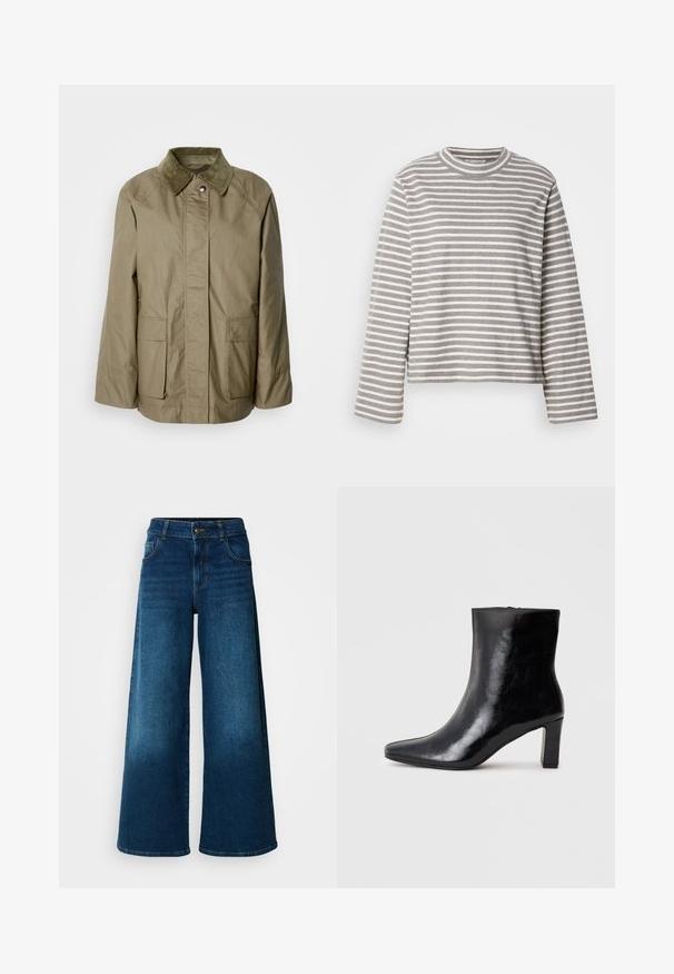 Veste vert olive en tissu léger, avec un col en velours côtelé, deux poches frontales et une coupe droite.; Haut à manches longues rayé en gris clair et blanc, présentant un col rond et une coupe décontractée. Le tissu semble doux, avec une surface légèrement texturée.; Jean large en denim bleu foncé. Doté d'une taille haute, d'une fermeture à bouton et d'un design classique à cinq poches avec une légère décoloration.; Bottine noire en cuir brillant, avec un bout pointu et un talon carré moyen, présentant une texture lisse et un design simple.