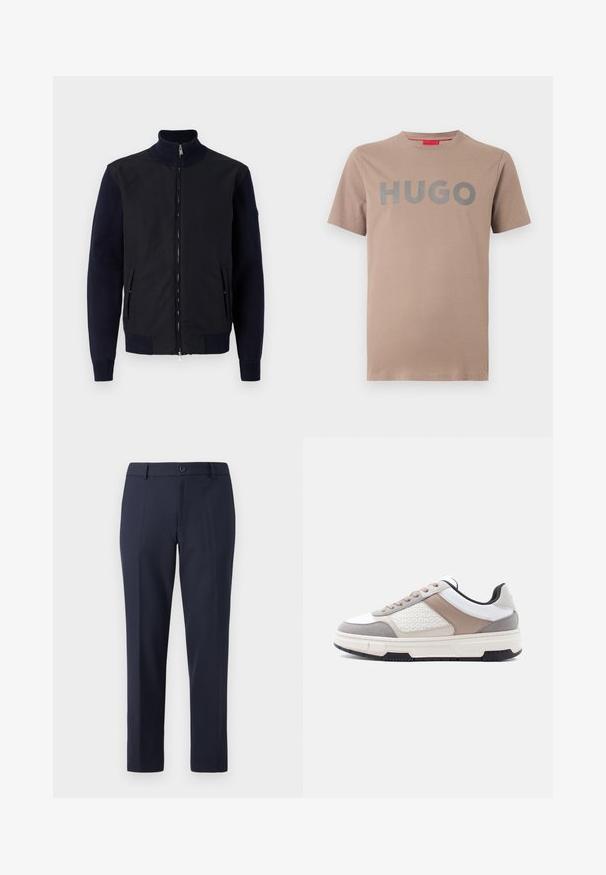Marineblå og sort jakke med høj krave, lynlås lukning og ribbede manchetter. Har sidelommer og en blanding af glatte og strukturerede materialer.; Beige kortærmet t-shirt med rund hals og stor grå "HUGO" tekst trykt på brystet, ensfarvet baggrund.; Marinebukser lavet af glat stof, med lige snit, bæltestropper og en enkelt knaplukning i taljen.; Low-top sneaker i hvid, beige og grå med mønstret sidepanel, beige snørebånd, sorte såldetaljer og polstret sål.