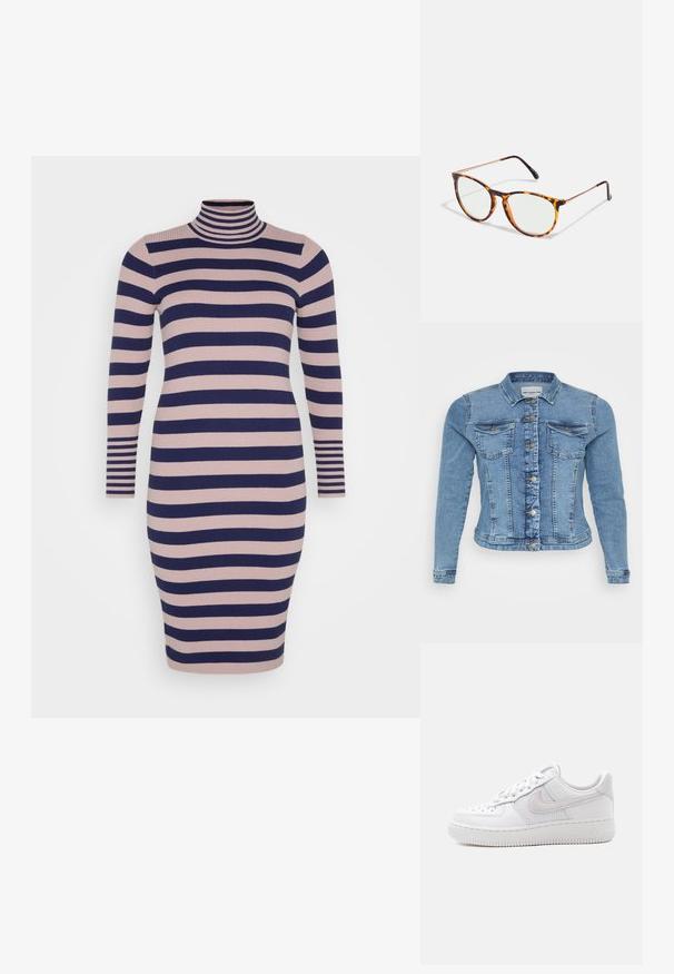 Heledsinine teksajakk, millel on keha järgiv disain, nupuga kinnitamine, kaks rinna-taskut ja kontrastsed õmblused.; Vero Moda Curve VMCMAXINE ROLLNECK CALF DRESS - Vabalt langev kleit - toadstool/astral aura; Valge madala säärega Nike Air Force 1 toss, valgete nööridega, varbakastil perforatsioonidega ja Nike logost tagaosas võrkmaterjalist paneel.; Kilpkonnakujulised päikeseprillid ümarate läätsede, kergete metallkäepidemete ja peene rohelise tooni läätsedega. Raamid on tekstureeritud viimistlusega.