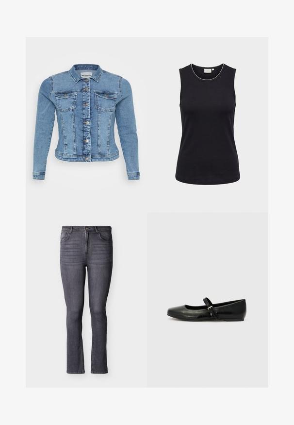 Denimjakke i lyseblå med en tætsiddende design, knaplukning, to brystlommer og kontrasterende syninger langs sømmene.; Sort ærmeløs damebluse med rund halsudskæring og diskret hvid bølget kant langs kanterne mod lys baggrund.; Grå slim-fit denimjeans med fem lommer, forreste knap- og lynlåslukning, med subtile falmninger og syningsdetaljer.; Sorte læder balletflade med rund tå, flad sål og en tynd justerbar rem over svangen med en metalspænde.