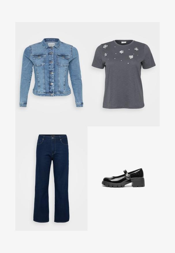 Denimjakke i lyseblå med en tætsiddende design, knaplukning, to brystlommer og kontrasterende syninger langs sømmene.; Grå bomulds T-shirt med korte ærmer, prydet med metallic blomsterapplikationer og palietter arrangeret på forsiden. Blød tekstur, afslappet pasform.; Mørkeblå denim jeans med lige pasform, der har en lynlås, fem lommer og synlige syninger.; Sort patentlæder Mary Jane sko med en kraftig hæl, rund tå og en rem med detajler i form af en hjerteformet spænde.