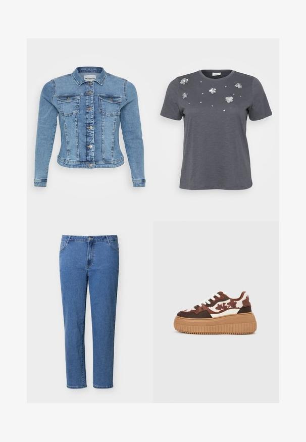 Denimjakke i lyseblå med en tætsiddende design, knaplukning, to brystlommer og kontrasterende syninger langs sømmene.; Grå bomulds T-shirt med korte ærmer, prydet med metallic blomsterapplikationer og palietter arrangeret på forsiden. Blød tekstur, afslappet pasform.; Blå denimjeans med frontknap og lynlås, klassisk fem-lomme design, lige ben, vist fladt på en hvid baggrund.; Platform sneakers med et brunt og cremefarvet camouflage-mønster, kontrasterende lysebrune såler og hvide snørebånd. Overdelen har blandede materialer og teksturer.
