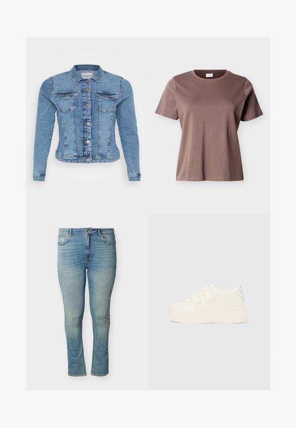 Leren spijkerjack in lichtblauw met een getailleerd ontwerp, knoopsluiting, twee borstzakken en contrasterende stiksels langs de naden.; Korte mouwen, ronde hals, mauve-bruin katoenen T-shirt met een losse pasvorm, afgebeeld tegen een effen lichte achtergrond.; Lichtblauwe slim-fit jeans met hoge taille, knoop- en ritssluiting, voor- en achterzakken, en vervaagde details op dijen en knieën.; Witte platform sneaker met dubbele klittenbandsluitingen en zilverkleurige studs op de hiel, zijdelings getoond tegen een effen achtergrond.