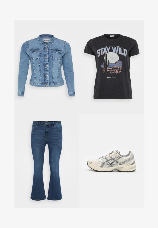 Denimjakke i lyseblå med en tætsiddende design, knaplukning, to brystlommer og kontrasterende syninger langs sømmene.; Sort bomulds t-shirt med et grafisk print af en ørken-scene med kaktusser, en måne og sætningen "STAY WILD" i blå skrifttype.; Bredde blå denimjeans med medium taljehøjde, fem lomme-design og subtile ribbede tekstur foran. Stof ser robust og glat ud.; Løbesko med en åndbar hvid mesh-overdel, sølvdetaljer, grå snørebånd og en holdbar sort gummisål. Letvægts, polstret design.