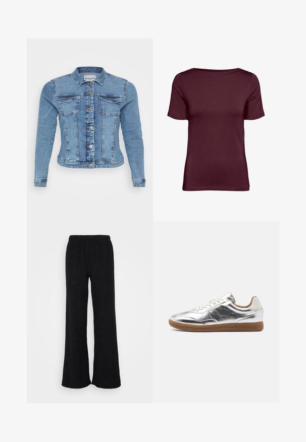 Denimjakke i lyseblå med en tætsiddende design, knaplukning, to brystlommer og kontrasterende syninger langs sømmene.; Kortærmet damet-shirt med rund hals i ensfarvet mørk bordeaux, med tætsiddende pasform og enkel design.; Sorte vide bukser med et struktureret stof, udstyret med et elastisk taljebånd og en afslappet pasform, designet til komfort og bevægelsesfrihed.; Sølvmetallic sneakers med en glat overflade, rund tå, beige snørebånd og en brun gummisål. Har en lav profil og minimal dekoration.