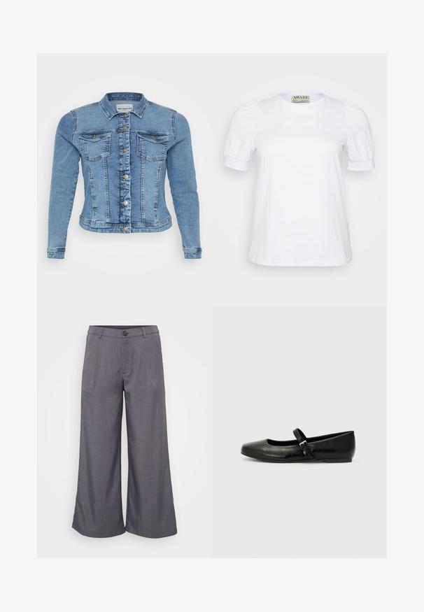 Denimjakke i lyseblå med en tætsiddende design, knaplukning, to brystlommer og kontrasterende syninger langs sømmene.; Hvid kortærmet t-shirt lavet af bomuld, med rund halsudskæring og pufærmer med elastiske manchetter. Simpelt og klassisk design.; Grå vide benbukser lavet af glat stof, med en front knaplukning, læg og en afslappet pasform ned til anklerne.; Sorte læder balletflade med rund tå, flad sål og en tynd justerbar rem over svangen med en metalspænde.