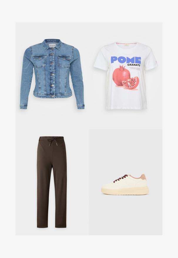 Denimjakke i lyseblå med en tætsiddende design, knaplukning, to brystlommer og kontrasterende syninger langs sømmene.; Hvid bomulds T-shirt med en stor grafisk tryk af et granatæble, med ordene "POME GRANATE" i blå og sort. Korte ærmer.; Mørkebrune bukser med lige ben og elastik i taljen med snørre, vist mod en ensartet lys baggrund.; Beige lavt skindesko med tyk sål, perforeret tå, lyserød hælkant og mørkebrune snørebånd på ensfarvet lysegrå baggrund.
