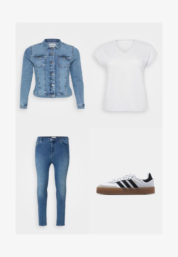 Denimjakke i lyseblå med en tætsiddende design, knaplukning, to brystlommer og kontrasterende syninger langs sømmene.; Hvid kortærmet V-hals t-shirt med en subtil skimmereffekt, der har en afslappet pasform og ingen synlige mønstre eller accenter.; Slanke jeans i lyseblå denim med en glat tekstur. Har høj talje, bæltestropper og forlommer. Klassisk fem-lommes design.; Hvide lædersneakers med sorte striber, gummirubber sål, rund tå, snørelukning og blød grå ruskinds tåhætte.