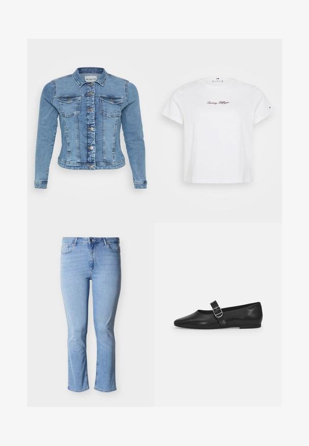 Denimjakke i lyseblå med en tætsiddende design, knaplukning, to brystlommer og kontrasterende syninger langs sømmene.; Tommy Hilfiger Curve CLASSIC SCRIPT TEE - T-shirts print - ecru; Lyseblå denimjeans med lige pasform, fem-lomme design og knaplukning i taljen. Slidt tekstur på stoffet.; Sorte læder flade sko med rund tå, et enkelt justerbart spænde og en glat, blank overflade. Minimalistisk design med en lav hæl.