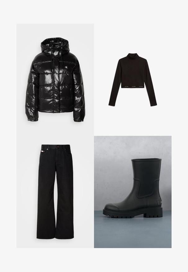 Schwarze Daunenjacke mit glänzender Oberfläche, ausgestattet mit Kapuze, Reißverschluss und elastischen Bündchen. Auffälliges Logo-Detail auf der Brust.; Schwarzes langärmliges, kurzes Rollkragentop mit wiederholt platziertem "Calvin Klein"-Logo entlang des unteren Saums.; Schwarze weite Jeans aus Baumwolle. Verfügt über frontale Taschen, einen Knopfverschluss und eine klassische Denim-Textur. Minimalistisches Design ohne Muster.; Schwarze matte Leder-Stiefelette mit dickem Profilsohle, schwebend über hölzernen quadratischen Fliesen und kleinen grauen Steinen im Freien.