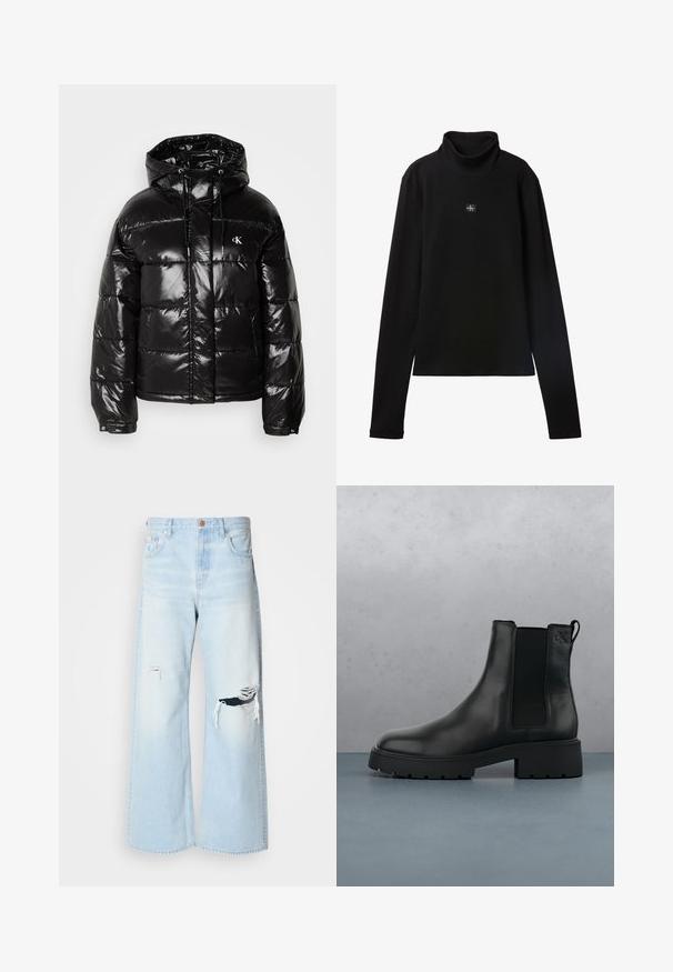 Zwarte pufferjack met een glanzende afwerking, voorzien van een capuchon, ritssluiting en elastische manchetten. Opvallend logo op de borst.; Zwarte geribde coltrui met lange mouwen en een klein vierkant Calvin Klein-logo midden op de borst.; Lichtblauwe wijde jeans van denim, met een hoge taille, grote scheuren bij de knieën en een klassieke vijf-pocket stijl met koperen details.; Zwarte leren Chelsea-boot met elastische zijpanelen, gestructureerde afwerking en een robuuste zool, gepositioneerd boven bruine houten tegels met steentjes.