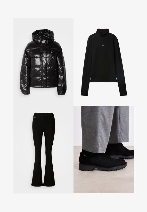 Sort pufferjakke med en blank finish, der har hætte, lynlås-lukning og elastiske manchetter. Bemærkelsesværdig logodetalje på brystet.; Sort ribstrikket bluse med lange ærmer og lille firkantet Calvin Klein-logo placeret centralt på brystet.; Sorte bukser med flare, der har en tætsiddende talje, lavet af blødt denim. Har to forlommer og en klassisk knap- og lynlåslukning.; Sorte suede ankelstøvler med gummisål, der har et elastisk sidepanel og et logo akcent på hælen. Parret med grå bukser.