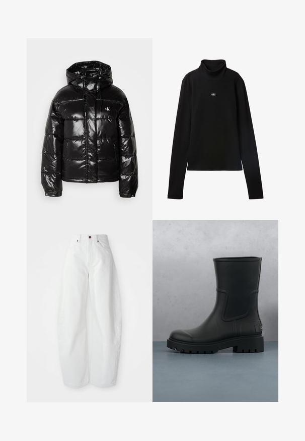 Chaqueta tipo puff negro con acabado brillante, que cuenta con capucha, cierre de cremallera y puños elásticos. Detalle notable del logo en el pecho.; Top negro de cuello alto acanalado de manga larga con un pequeño parche cuadrado con el logo de Calvin Klein centrado en el pecho.; Pantalones de mezclilla blancos de tiro alto con un corte holgado. Presentan un cierre de botón, bolsillos laterales y un diseño minimalista. Textura suave.; Bota de tobillo de cuero negro mate con suela gruesa y dentada, suspendida sobre baldosas de madera cuadradas y pequeñas piedras grises al aire libre.