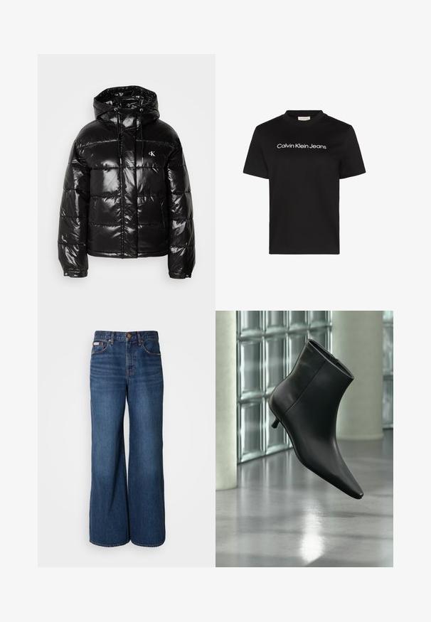 Chaqueta tipo puff negro con acabado brillante, que cuenta con capucha, cierre de cremallera y puños elásticos. Detalle notable del logo en el pecho.; Camiseta de algodón negra con cuello redondo y mangas cortas, con el texto "Calvin Klein Jeans" en blanco en el pecho.; Vaqueros de pierna ancha hechos de denim azul oscuro. Incluyen una cintura alta, cinco bolsillos y costuras en contraste de color naranja a lo largo de las costuras.; Botín negro de cuero con punta puntiaguda y tacón bajo estilo kitten, mostrado en ángulo sobre un suelo pulido y con una pared de bloques de vidrio de fondo.