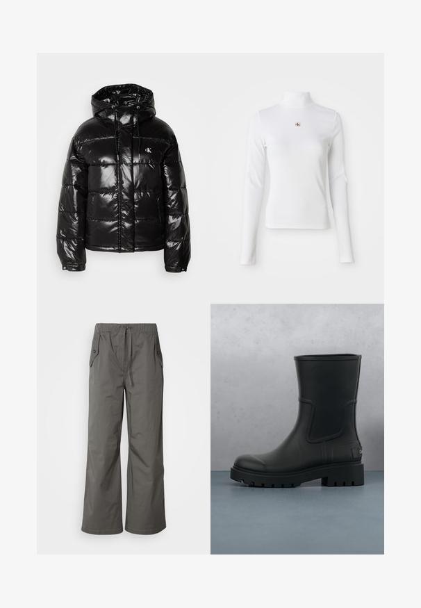 Sort pufferjakke med en blank finish, der har hætte, lynlås-lukning og elastiske manchetter. Bemærkelsesværdig logodetalje på brystet.; Langærmet, hvid turtleneck-top lavet af ribbet materiale. Har et lille broderet logo i midten. Tæt pasform uden mønstre.; Grå vide benbukser lavet af letvægtsstof, der har elastisk talje, snor og to sidelommer med knap-accenter.; Sort mat læder ankelstøvle med tyk klodset sål, svævende over træfliser og små grå sten udendørs.