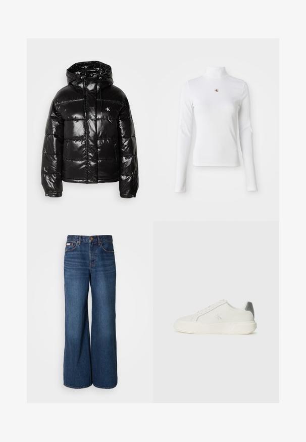 Zwarte pufferjack met een glanzende afwerking, voorzien van een capuchon, ritssluiting en elastische manchetten. Opvallend logo op de borst.; Witte turtleneck met lange mouwen, gemaakt van ribbelstof. Bevat een klein geborduurd logo in het midden. Aansluitend ontwerp zonder patronen.; Wijdvallende jeans van donkerblauwe denim. Kenmerken zijn een hoge taille, vijf zakken en contrasterende oranje stiksels langs de naden.; Witte sneaker van leer met een gladde textuur, featuring een zilveren accent op de hiel, een platte zool en een minimalistisch ontwerp.