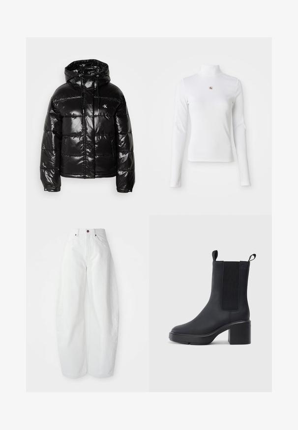 Sort pufferjakke med en blank finish, der har hætte, lynlås-lukning og elastiske manchetter. Bemærkelsesværdig logodetalje på brystet.; Langærmet, hvid turtleneck-top lavet af ribbet materiale. Har et lille broderet logo i midten. Tæt pasform uden mønstre.; Højtaljede hvide denimbukser med løs pasform. Har en knaplukning, sidelommer og et minimalistisk design. Glat tekstur.; Sorte ankelstøvler i glat gummimateriale, med elastiske sidepaneler, blokhæle og trækskilt øverst for nem påtagning.