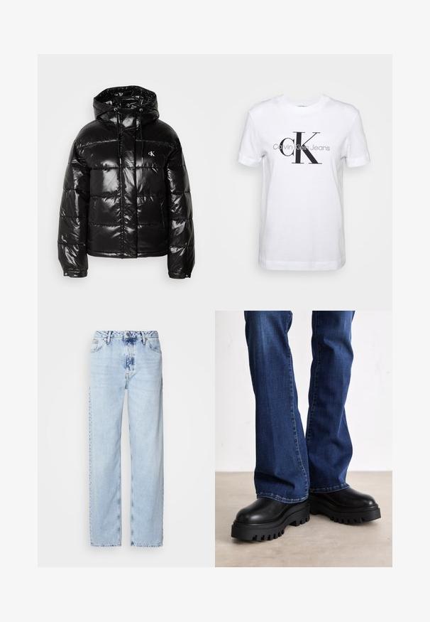 Chaqueta tipo puff negro con acabado brillante, que cuenta con capucha, cierre de cremallera y puños elásticos. Detalle notable del logo en el pecho.; Camiseta blanca de algodón con mangas cortas, que presenta un gran logotipo negro "CK" y el texto "Calvin Klein Jeans" en gris debajo.; Jeans de pierna ancha en azul claro, confeccionados en denim, con una cintura alta, un lavado desgastado y un sutil patrón de tie-dye en la parte delantera.; Botas de plataforma negras gruesas con suelas de goma texturizada, punta redondeada y parte superior de cuero suave, combinadas con jeans de campana azules.