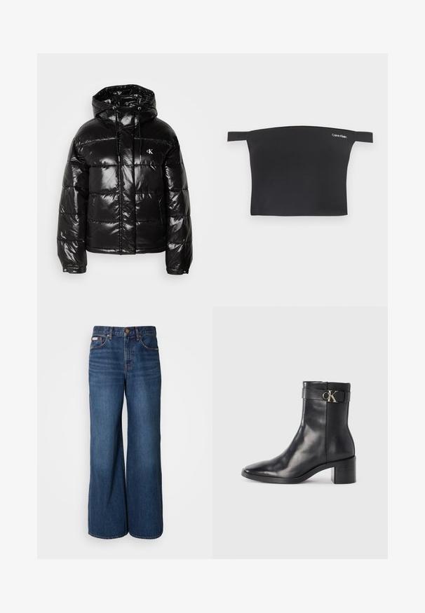 Sort pufferjakke med en blank finish, der har hætte, lynlås-lukning og elastiske manchetter. Bemærkelsesværdig logodetalje på brystet.; Sort crop top med off-shoulder design, fremstillet af glat stof. Har smalle stropper og et lille hvidt Calvin Klein-logo på forsiden.; Bredde jeans lavet af mørkeblåt denim. Funktioner inkluderer en høj talje, fem lommer og kontrasterende orange syninger langs sømmene.; Sort læder ankelstøvle med spids tå, blokhæl og en rem med en metallisk logo detalje. Glat tekstur og minimalistisk design.