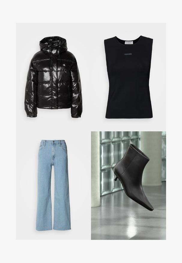 Zwarte pufferjack met een glanzende afwerking, voorzien van een capuchon, ritssluiting en elastische manchetten. Opvallend logo op de borst.; Zwart mouwloos topje gemaakt van gladde stof. Heeft een ronde halslijn en een klein Calvin Klein-logo in het midden. Eenvoudig en aansluitend ontwerp.; Lichtblauwe wijde jeans van denim, met een aansluitende taille, vijf-pocket ontwerp en subtiele stiksels.; Zwarte leren enkellaars met puntige neus en lage hak, afgebeeld tegen een glazen blokkenmuur en gepolijste vloer op de achtergrond.