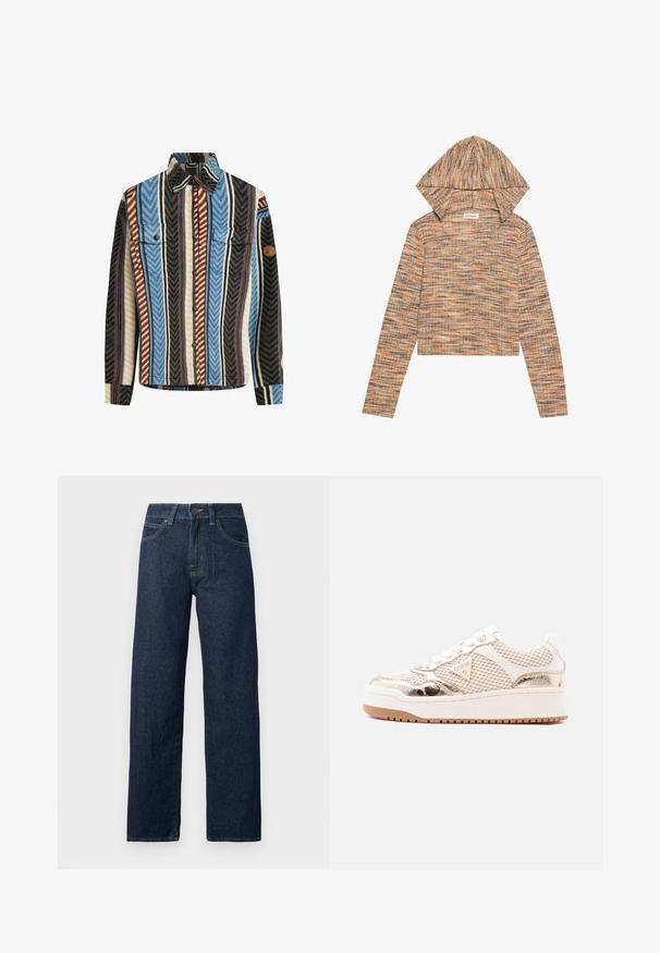 Textureret flannel skjorte med vertikale striber i blå, brun og sort, med to brystlommer og knaplukning foran.; Hætteklædt, langærmet cropped top i tekstureret stof med orange, brun og grå vandrette striber. V-hals design med afslappet pasform.; Mørkeblå straight-leg denimjeans med knaplukning foran, lynlås og fem-lomme-design på hvid baggrund.; Sneaker i cremefarve med mesh-paneler, metalliske rosaguld-detaljer, hvide snørebånd, tyk hvid sål og Guess-logo på siden.