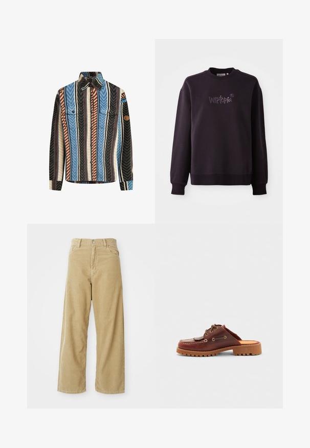 Textureret flannel skjorte med vertikale striber i blå, brun og sort, med to brystlommer og knaplukning foran.; Sort sweatshirt lavet af blødt stof, med rund hals og ribbede manchetter. Broderet "Wistopia" logo på forsiden.; Beige fløjl bukser med høj talje, brede ben, forlommer og en enkelt metalknaplukning. Blød tekstur med subtile ribbede detaljer.; Brun læderslipsko i mokkasin-stil med dekorative snørebånd, guldøjer og en tekstureret gummisål.