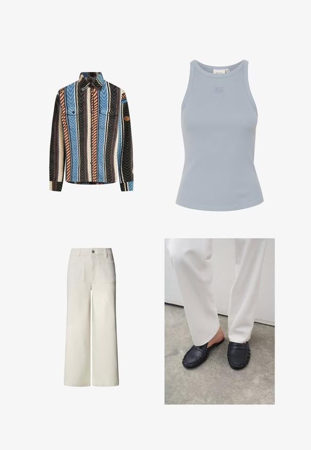 Textureret flannel skjorte med vertikale striber i blå, brun og sort, med to brystlommer og knaplukning foran.; Lys blå ærmeløs ribbet tanktop med rund halsudskæring og lille logo broderet i midten. Glat overflade, tætsiddende silhuet.; Pepe Jeans HIGH RISE CROP TANIA POCKET - Wide leg - oyster white; Person iført hvide bukser og sorte læder slip-on loafers, der står på betongulv.