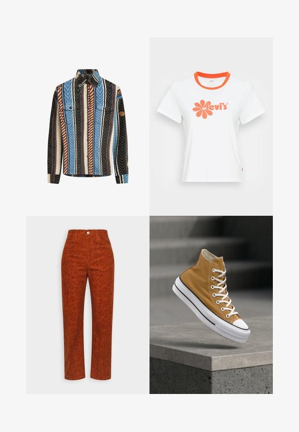 Gestreepte flanellen shirt met verticale strepen in blauw, bruin en zwart, met twee borstzakken en een knoopsluiting aan de voorkant.; Witte katoenen T-shirt met een ronde oranje kraag, voorzien van een grote oranje bloemenafbeelding en de tekst "Levi's" gedrukt op de voorkant.; Roestkleurige corduroy broek, met rechte pijpen, voorzien van een gestructureerd patroon, vijf-pocketstijl en een sluiting met knopen aan de voorkant.; High-top sneaker in mosterdgele canvas met witte veters, een rubberen neuskap en een gestructureerde witte zool met zwarte strepen.
