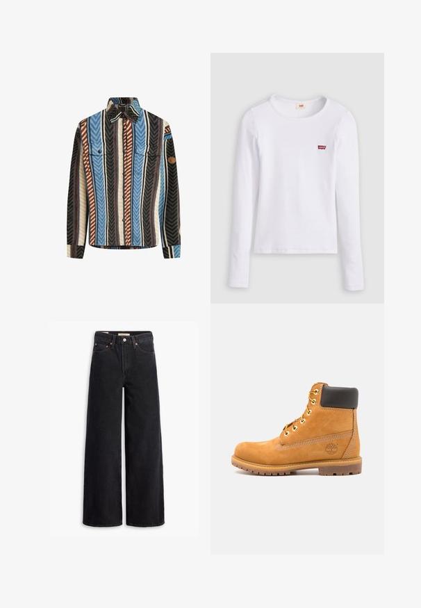 Gestreepte flanellen shirt met verticale strepen in blauw, bruin en zwart, met twee borstzakken en een knoopsluiting aan de voorkant.; Wit Levi's shirt met lange mouwen, ronde hals en klein rood Levi's-logo op de linkerborst, afgebeeld op een effen achtergrond.; Zwarte brede jeans gemaakt van denim, met vijf zakken, koperen klinknagels en een klassieke knoopsluiting. Glad van textuur met een strakke uitstraling.; Bruine leren enkelboot met zwarte voering, gouden oogjes en een gestructureerde zool. Kenmerkt zich door een cirkelvormig logo aan de zijkant en stikselaccenten.